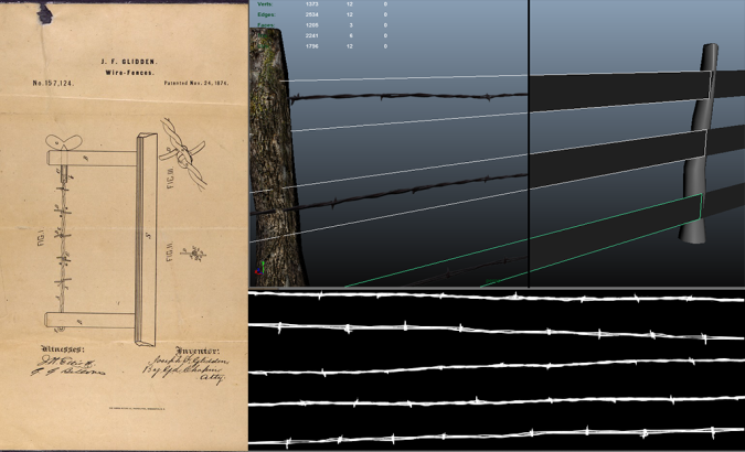 Barbed Wire Fencing. (L: Glidden's 1874 Patent, Top Right: Model in Maya, and Bottom Right: Transparency Map for wires.
